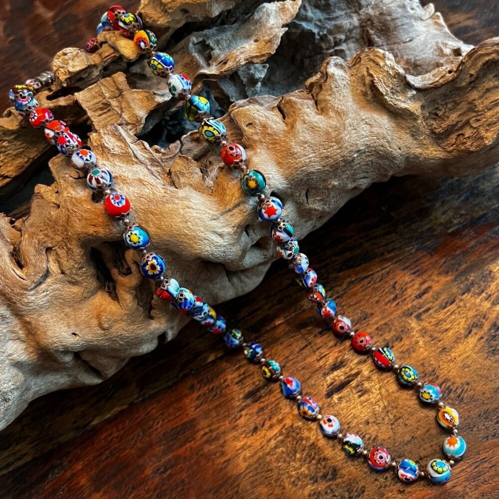 Venetian Vintage Knotted Millefiori Art Glass Bead Necklace 24" Multicolor Desig